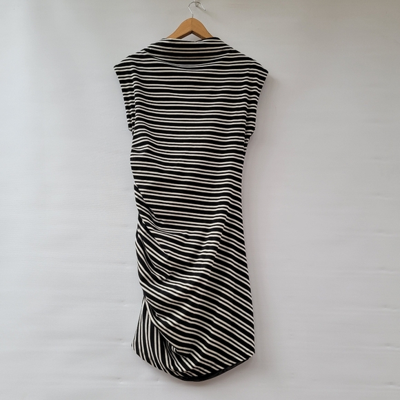 Anthropologie Black White Knit Sleeveless Sheath Dress Size Medium Petite Ruched - Picture 12 of 15